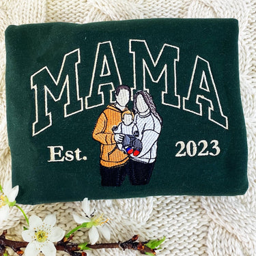 Mama Sweatshirt with Photo, Custom Embroidered Hoodie Mama and Kids Portrait, Varsity Shirt, Family Portrait Hoodie, Christmas Gift For Mom